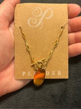 Plunder Gold Tone Toggle Necklace with Oval Pendant Boutique Jewelry